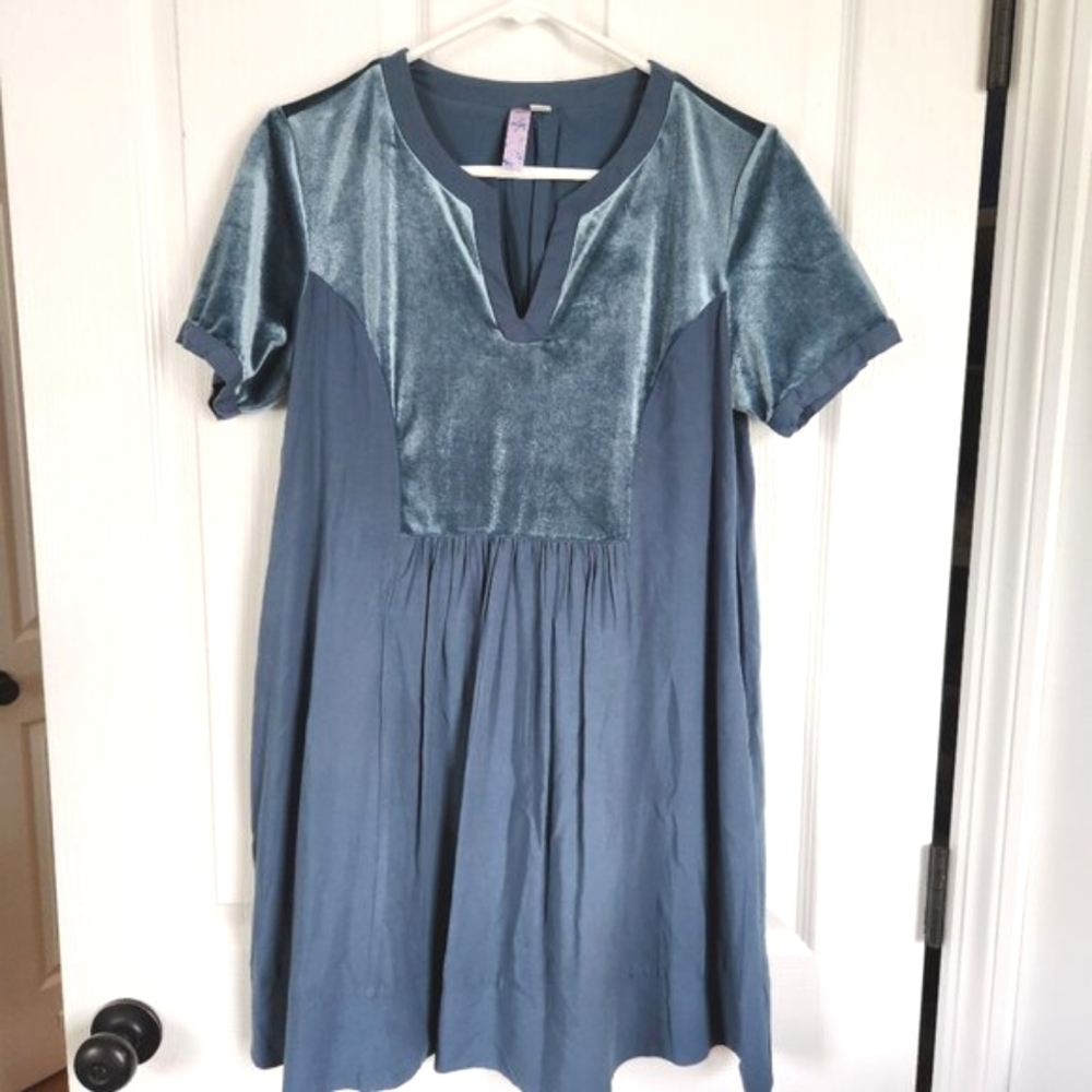 Blue Velvet Babydoll Swing Dress Small ALine Empire Waist Boho Alya Short Sleeve